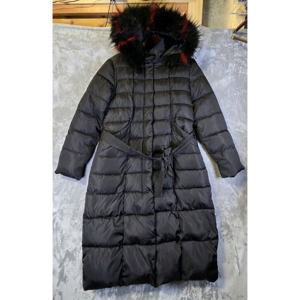 Hanyiyuan Long Puffer Coat Womens L Black Faux Fur Trim Hood Full Zip Belt Waist